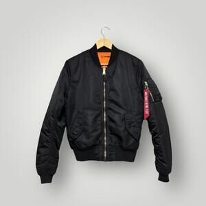 Alpha Industries MA-1 Bomber Flight Jacket Black Orange Lined USA Made M Men